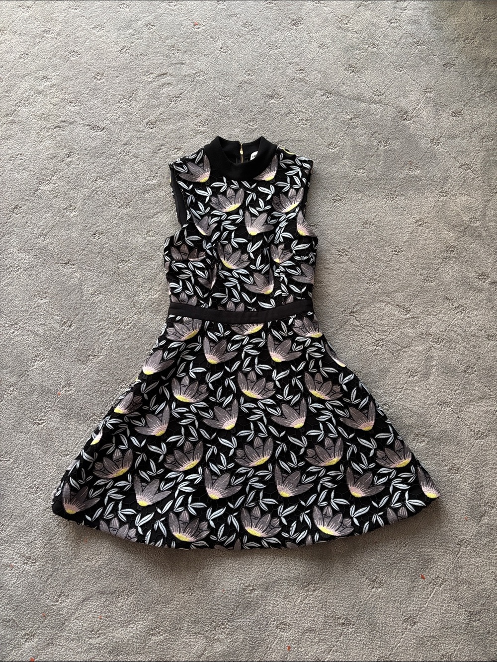 Self Portrait WomensBlack Floral A-Line Dress with Pink & Yellow Accents size 4
